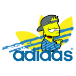 Imagem de um personagem estilizado dos Simpsons, vestindo uma camisa com estampa de skate, usando um boné, posicionado sobre o logo da Adidas, que está em azul e apresenta as famosas três listras amarelas ao fundo.