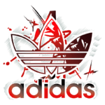 Logotipo estilizado da Adidas com fundo colorido, apresentando três folhas em destaque e o nome "adidas" em letras grandes, enfatizando a marca.