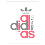 Logotipo da Adidas Originals em cores rosa e cinza, com a famosa folha acima do nome "adidas". Ideal para identificar produtos de moda e estilo de vida associados à marca.