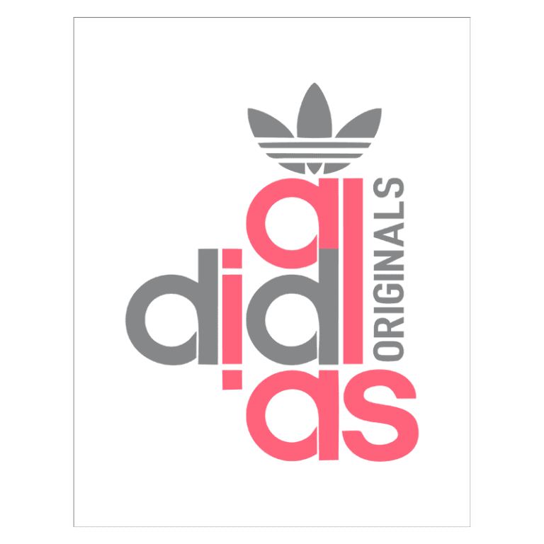 Logotipo da Adidas Originals em cores rosa e cinza, com a famosa folha acima do nome "adidas". Ideal para identificar produtos de moda e estilo de vida associados à marca.