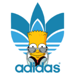 Bart Simpson estilizado usando óculos escuros e fones de ouvido, com o logotipo da Adidas em destaque ao fundo. A imagem combina elementos do universo dos Simpsons e a marca de moda esportiva.