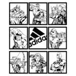 Imagem em preto e branco com super-heróis icônicos como Capitão América, Hulk, Thor, Homem de Ferro e outros, organizados em uma grade 3x3, com o logotipo da Adidas destacado ao centro.