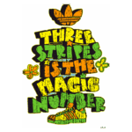 Ilustração colorida com a frase "Three Stripes is the Magic Number", acompanhada de uma flor e um tênis estilizado, destacando a marca Adidas e sua icônica logo de três listras. Ideal para fãs de streetwear e cultura urbana.