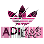 Logotipo estilizado da Adidas, apresentando três folhas icônicas com padrões em rosa e preto, acompanhadas da palavra "ADIDAS" em uma tipografia marcada, combinando elementos gráficos e cores vibrantes.