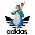 Imagem de um urso azul e um garoto animado em cima dele, com o logo da Adidas em destaque abaixo. O design é colorido e divertido, incorporando um toque de aventura e amizade.