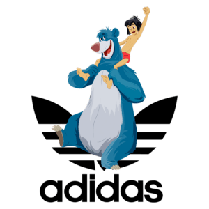 Imagem de um urso azul e um garoto animado em cima dele, com o logo da Adidas em destaque abaixo. O design é colorido e divertido, incorporando um toque de aventura e amizade.
