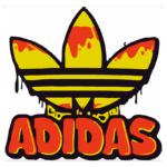 Logo estilizado da Adidas com três folhas amarelas e detalhes em vermelho, acompanhado da palavra "ADIDAS" em letras grandes e vibrantes. Ideal para representar a marca no contexto de moda e esporte.