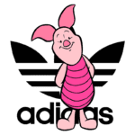 Ilustração de um porquinho rosa, conhecido como personagem da Disney, posicionado à frente do logotipo da Adidas, que apresenta três listras em forma de folhas. A imagem combina elementos de cultura pop e moda esportiva.