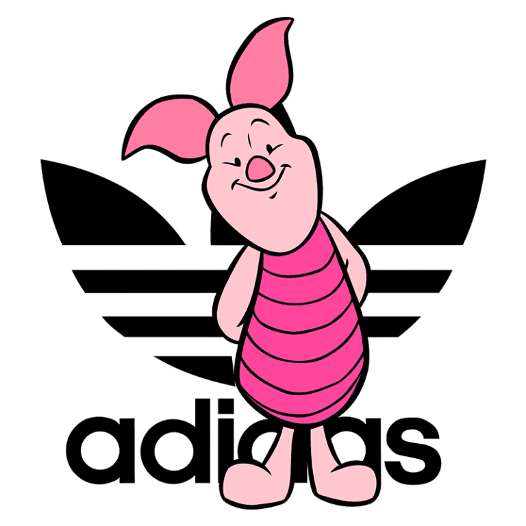 Ilustração de um porquinho rosa, conhecido como personagem da Disney, posicionado à frente do logotipo da Adidas, que apresenta três listras em forma de folhas. A imagem combina elementos de cultura pop e moda esportiva.