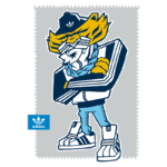Ilustração estilizada de personagem com estilo urbano, usando roupas da marca Adidas, incluindo jaqueta, calças e tênis. O personagem apresenta cabelo amarelo, óculos e uma corrente em volta do pescoço, com um fundo cinza e o logo da Adidas em azul.