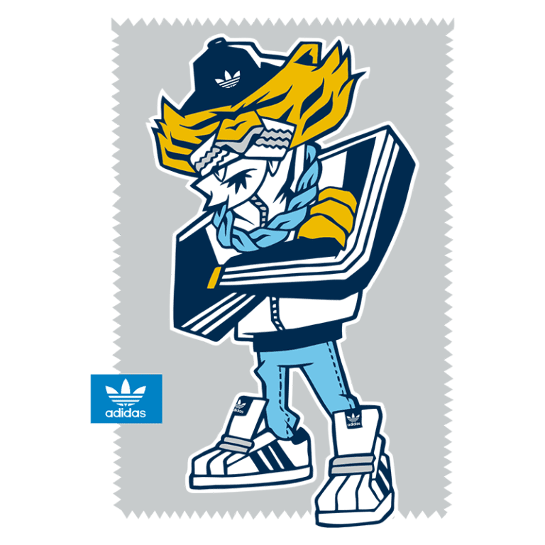 Ilustração estilizada de personagem com estilo urbano, usando roupas da marca Adidas, incluindo jaqueta, calças e tênis. O personagem apresenta cabelo amarelo, óculos e uma corrente em volta do pescoço, com um fundo cinza e o logo da Adidas em azul.
