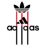 Logotipo da Adidas com três listras verticais vermelhas, o nome "adidas" estilizado em letras minúsculas, e a icônica folha acima, simbolizando a marca de moda e esportes.