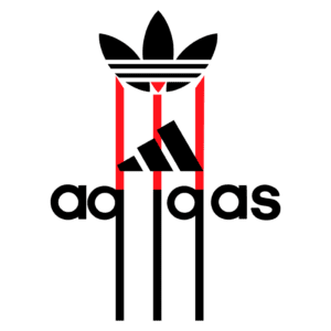 Logotipo da Adidas com três listras verticais vermelhas, o nome "adidas" estilizado em letras minúsculas, e a icônica folha acima, simbolizando a marca de moda e esportes.