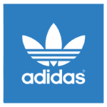 Logotipo da Adidas em fundo azul, destacando a famosa folha de trevo branca com o nome "adidas" escrito em letras minúsculas, representando estilo e qualidade na indústria de calçados e roupas esportivas.