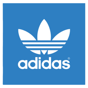 Logotipo da Adidas em fundo azul, destacando a famosa folha de trevo branca com o nome "adidas" escrito em letras minúsculas, representando estilo e qualidade na indústria de calçados e roupas esportivas.