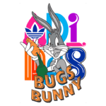 Bugs Bunny segurando uma cenoura, com o logotipo da Adidas e elementos gráficos coloridos ao fundo.