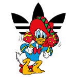 Pato Donald vestido com traje mexicano, usando um chapéu sombrero e segurando maracas, com o logotipo da Adidas ao fundo.