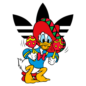 Pato Donald vestido com traje mexicano, usando um chapéu sombrero e segurando maracas, com o logotipo da Adidas ao fundo.