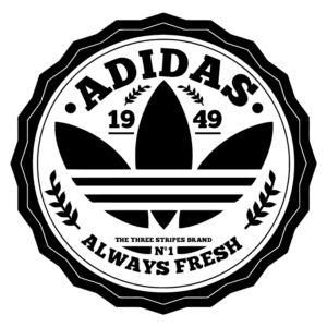 Logo da Adidas, criado em 1949, apresentando a icônica folhagem de três listras, simbolizando a marca de roupas e calçados esportivos de destaque mundial.