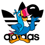 Ilustração de um tucano colorido posando, com um fundo que apresenta o famoso logotipo da Adidas. O tucano, com plumagem azul e bico rosa, transmite uma sensação de alegria e vitalidade, refletindo a marca esportiva. Ideal para representações de moda, lifestyle e cultura urbana.