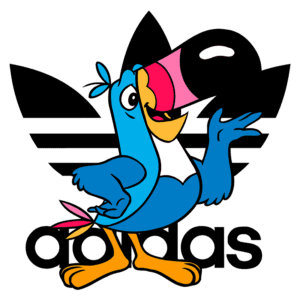 Ilustração de um tucano colorido posando, com um fundo que apresenta o famoso logotipo da Adidas. O tucano, com plumagem azul e bico rosa, transmite uma sensação de alegria e vitalidade, refletindo a marca esportiva. Ideal para representações de moda, lifestyle e cultura urbana.