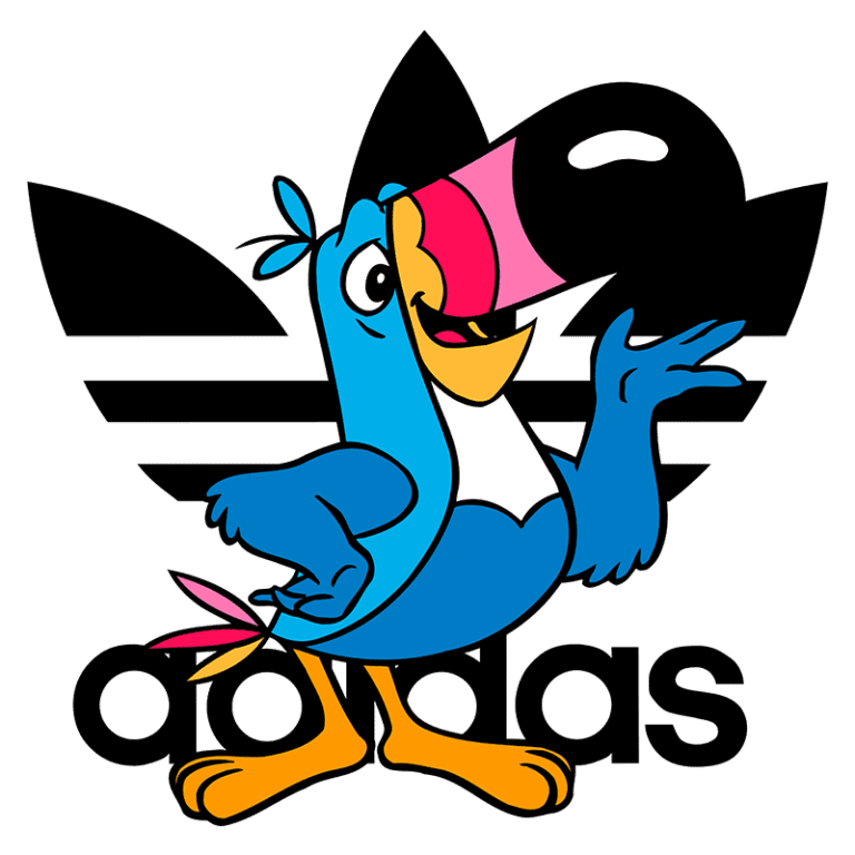Ilustração de um tucano colorido posando, com um fundo que apresenta o famoso logotipo da Adidas. O tucano, com plumagem azul e bico rosa, transmite uma sensação de alegria e vitalidade, refletindo a marca esportiva. Ideal para representações de moda, lifestyle e cultura urbana.