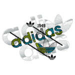 Logotipo da Adidas com as cores azul, verde e amarelo, incluindo o ano de fundação 1949 e elementos gráficos do design de marcas.