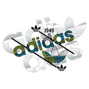 Logotipo da Adidas com as cores azul, verde e amarelo, incluindo o ano de fundação 1949 e elementos gráficos do design de marcas.