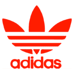 Logotipo da Adidas com três folhas estilizadas em vermelho e o nome "adidas" em letras minúsculas, representando a marca esportiva famosa por seu design icônico e produtos de alta qualidade.