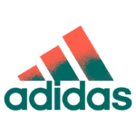 Logo da Adidas com três faixas inclinadas em tons de coral e verde, simbolizando desempenho e estilo esportivo.