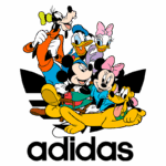 Imagem colorida de personagens clássicos da Disney, incluindo Mickey Mouse, Minnie Mouse, Pato Donald, Margarida, Pateta e Pluto, com o logotipo da Adidas em destaque abaixo. Ideal para representar colaborações entre marcas de moda e cultura pop.