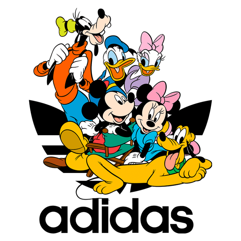 Imagem colorida de personagens clássicos da Disney, incluindo Mickey Mouse, Minnie Mouse, Pato Donald, Margarida, Pateta e Pluto, com o logotipo da Adidas em destaque abaixo. Ideal para representar colaborações entre marcas de moda e cultura pop.