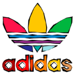 Logo colorido da marca Adidas, apresentando três folhas estilizadas em tons vibrantes, com o nome "adidas" em letras minúsculas abaixo, refletindo um design moderno e criativo.