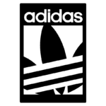 Logo da Adidas, com o nome da marca em cima e três folhas estilizadas abaixo, representando o icônico design da marca.