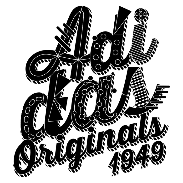 Design gráfico estilizado com a inscrição "Adidas Originals 1949", apresentando uma combinação de formas e padrões em preto, representando a marca de moda esportiva.