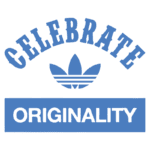 Design gráfico com a frase "CELEBRATE" em destaque, acompanhada do logo da Adidas e a palavra "ORIGINALITY" em um fundo azul vibrante.