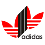 Logotipo da Adidas com três listras pretas e folhas vermelhas, simbolizando estilo esportivo e moda urbana.