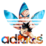 Imagem de arte da marca Adidas com personagens de Dragon Ball, incluindo Goku e Vegeta, mostrando cores vibrantes e um design dinâmico que combina elementos do anime com o logotipo da marca.