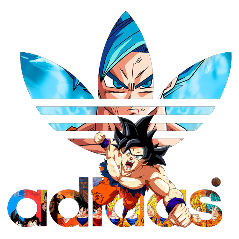 Imagem de arte da marca Adidas com personagens de Dragon Ball, incluindo Goku e Vegeta, mostrando cores vibrantes e um design dinâmico que combina elementos do anime com o logotipo da marca.