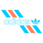 Logotipo da Adidas com design moderno, apresentando o nome "adidas" em azul, acompanhado de listras em azul, laranja e azul-piscina, além do icônico trevo da marca na parte superior direita.