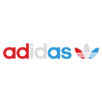 Logotipo da Adidas com a palavra "adidas" em vermelho, branco e azul, acompanhado do símbolo das três folhas estriadas em vermelho, branco e azul. Ideal para representações de moda e artigos esportivos.