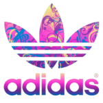 Logotipo da Adidas com três folhas coloridas em tons de rosa, azul e amarelo, incorporando elementos gráficos artísticos, representando criatividade e estilo moderno.