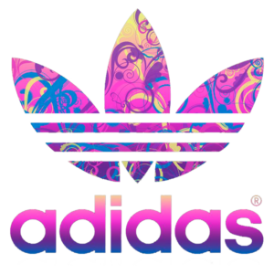 Logotipo da Adidas com três folhas coloridas em tons de rosa, azul e amarelo, incorporando elementos gráficos artísticos, representando criatividade e estilo moderno.
