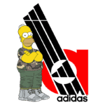Homer Simpson vestido com camiseta camuflada e tênis estilizados, posando ao lado do logotipo da Adidas em vermelho e preto.