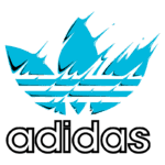 Logotipo da Adidas com design estilizado em azul, apresentando três folhas e o nome "adidas" em letras grandes e ousadas.