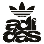 Logo estilizado da marca Adidas, com design moderno e letras em formato criativo. Elementos icônicos, como as três listras e a folha, representam a identidade da marca no setor esportivo.