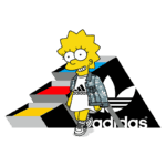 Lisa Simpson vestida com uma jaqueta e camiseta da Adidas, sorrindo em frente ao logo da marca, com escadas coloridas ao fundo, representando estilo urbano e cultura pop.