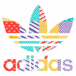 Logotipo colorido da marca Adidas, apresentando o icônico símbolo de três folhas estilizadas em várias texturas e padrões, com a palavra "adidas" destacada na parte inferior.