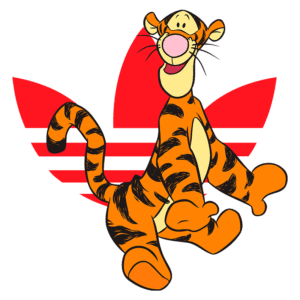 Tigrão, personagem do Pooh, sorrindo e dançando em frente ao logotipo vermelho da Adidas.