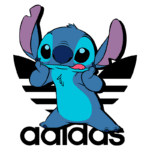 Personagem animado Stitch, da Disney, fazendo careta e tocando a boca, em frente ao logotipo da Adidas. Fundo verde destaca as cores azul e rosa do personagem.